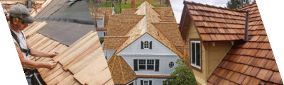 closeup and wide view of a wood shake or wood shingle roof
