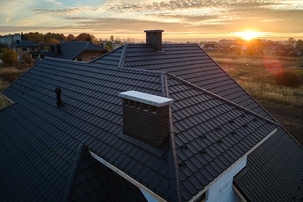 Aerial view of a roof at sunset